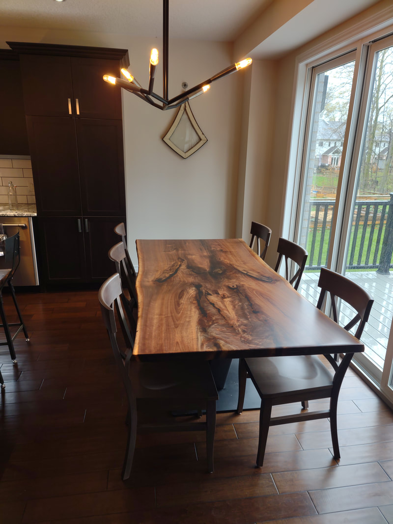 Live edge walnut table with steel V base, Modern live edge table, Live edge tables near Toronto 