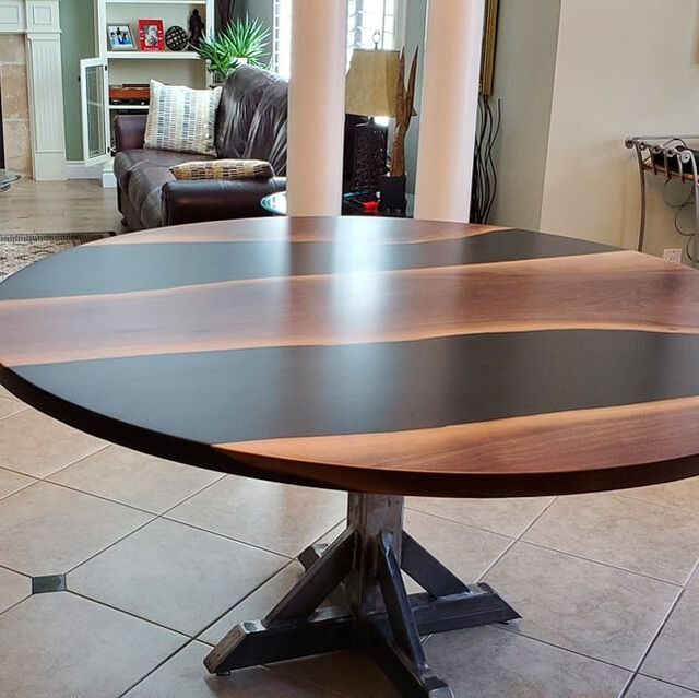 Round epoxy table, steel pedestal base, Round epoxy table with steel base