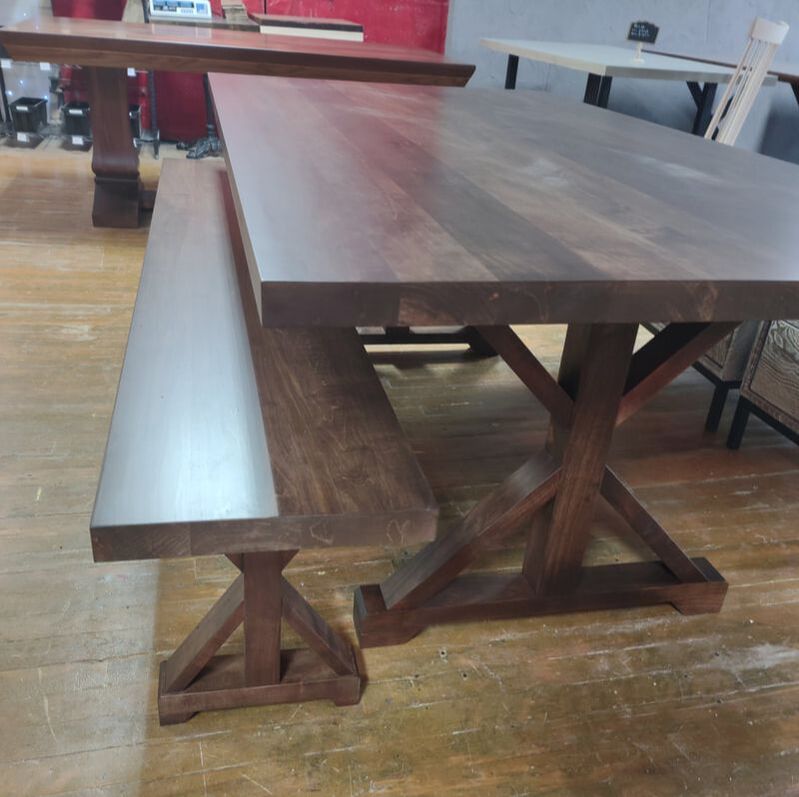 Solid wood table with sawbuck base, Ambrosia maple farmhouse table, Wormy maple table with sawbuck base