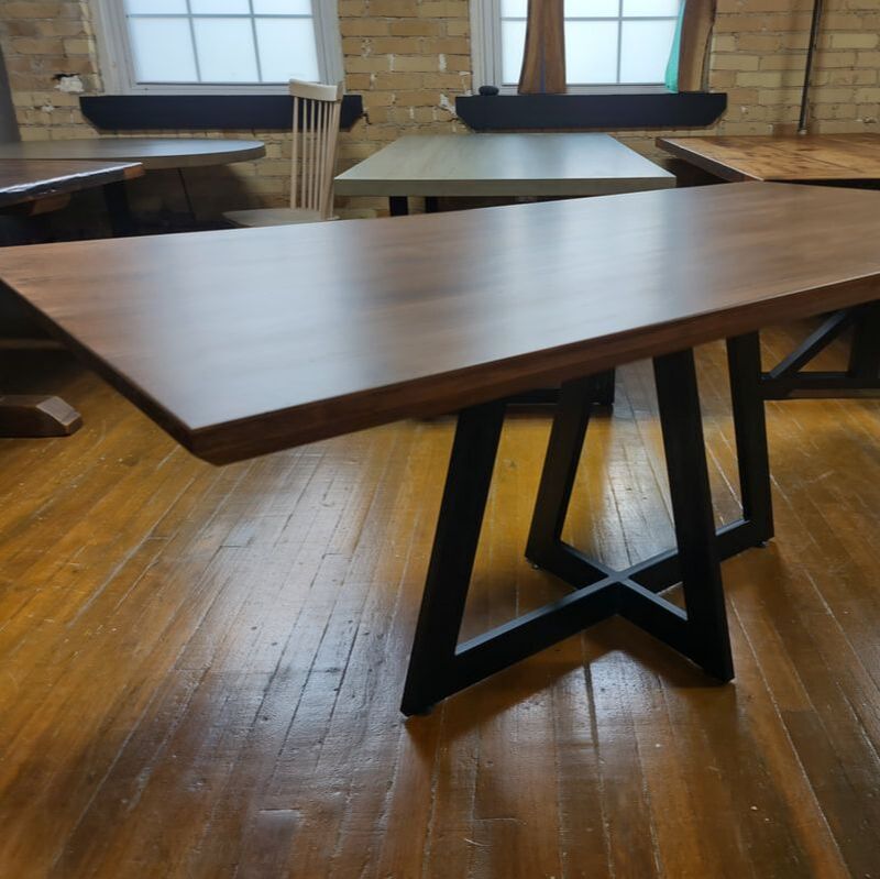 Modern wood table with steel double trapezoid table base Kitchener Waterloo,
